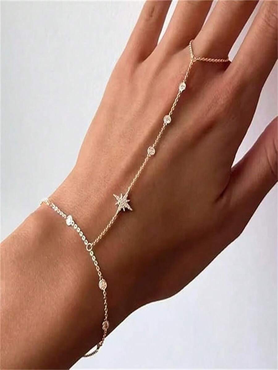 1pc Rhinestone Star Linked Finger Hand Chain, Elegant Party Hand Accessory For Women - Star - View 1