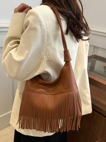 新款复古流苏手提包，时尚简约休闲大容量斜挎单肩包 - 棕色 - 查看 2