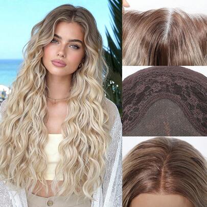 Peluca de 26 pulgadas de largo con ondas profundas para mujeres, peluca sintética con encaje frontal en degradado de rubio ceniza a rubio crema, resistente al calor y de apariencia natural para uso diario, fiestas y cosplay