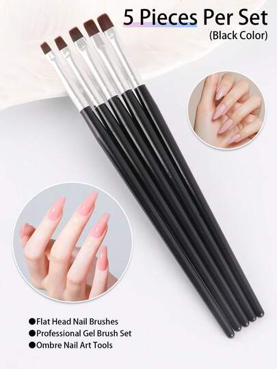 3支/5支装平头凝胶刷套装，黑色手柄，专业渐变美甲刷，适用于丙烯酸指甲油和凝胶指甲油涂抹 - 沙龙及DIY美甲的理想之选
