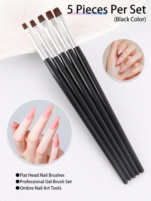 Bộ 3/5 cọ vẽ gel đầu phẳng cán đen, cọ vẽ móng ombre chuyên nghiệp dùng cho việc thoa acrylic và sơn gel - Lý tưởng cho salon và tự làm móng tại nhà.