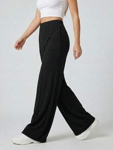 Black Soft High Waist Wide Leg Knit Pants - Black - View 2