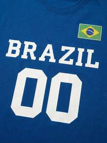 男士巴西00号字母标语双面印花T恤，休闲街头风足球迷T恤，蓝色 - 藍色 - 查看 6