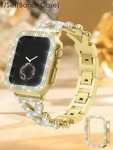 1 Pc/Set Watch Band & Case, 41mm, Women's Jewelry-Style Shiny Diamond Metal Gold Watch Band With Protective Case, For Apple Watch Series Ultra SE 11/10/9/8/7, Rose Gold, Compatible With Apple Watch Bands 38mm, 40mm, 41mm, 42mm, 44mm, 45mm, 49mm. Women's Jewelry Replacement Metal Wristband With Shiny Watch Case, Shiny Women's Watch Band Accessory,Summer - Gold - View 3