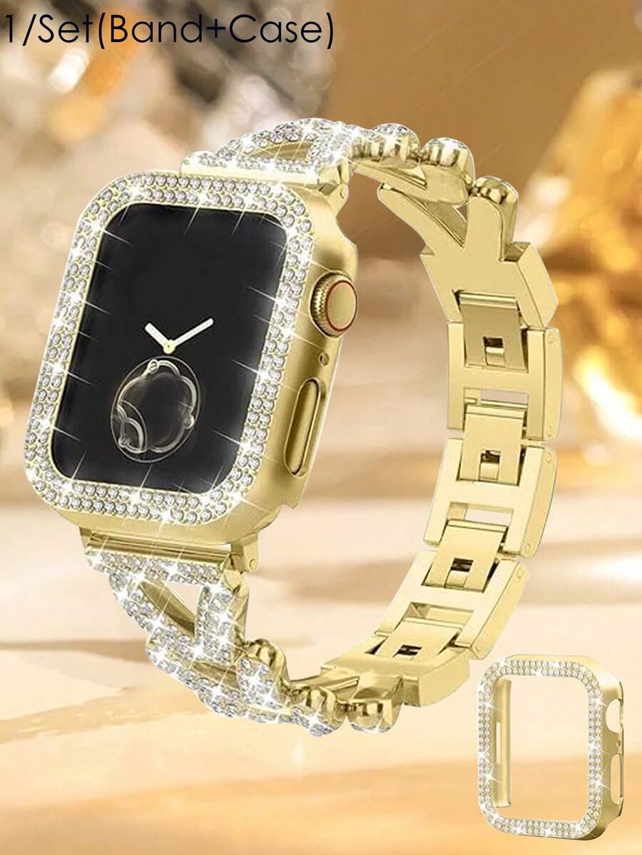 1件組 41mm 女款珠寶風亮鑽金屬金色錶帶與保護殼，相容 Series Ultra SE 11/10/9/8/7，玫瑰金，相容 38mm/40mm/41mm/42mm/44mm/45mm/49mm 錶帶，女款珠寶替換金屬腕帶附亮面錶殼，亮面女款錶帶配件，夏季