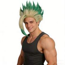 男士短款尖刺绿金渐变直发cosplay假发 – 耐热合成纤维动漫假发，高耸直立造型，侧分绿色发梢 – 完美适用于派对装扮、动漫展、节日及日常时尚 - 彩色 - 查看 12
