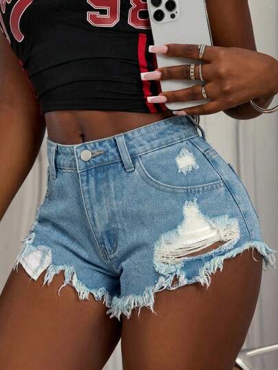 Women's Casual Straight Leg Denim Shorts With Zipper And Frayed Hem Non-Stretch Short Jeans