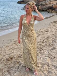 Vestido Largo Bohemio Sin Mangas Floral para Mujer, Cuello Alto y Ajustado, Ligero para Playa y Vacaciones de Verano - Verde - Ver 2