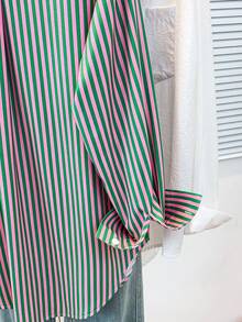 Women's Casual Basic Striped Pointed Collar Long Sleeve Shirt Blouse With Button Pockets, Suitable For Daily Office Wear, Autumn/Winter/Spring - Pink and Green Stripes - View 7