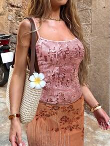 PoPoHouse 女士春夏 Y2K 千禧风优雅性感修身亮片吊带背心，适合约会、日常休闲海滩度假、春夏穿搭、派对装、海滩装、音乐节装、嘉年华服装（粉色） - 粉色 - 查看 4