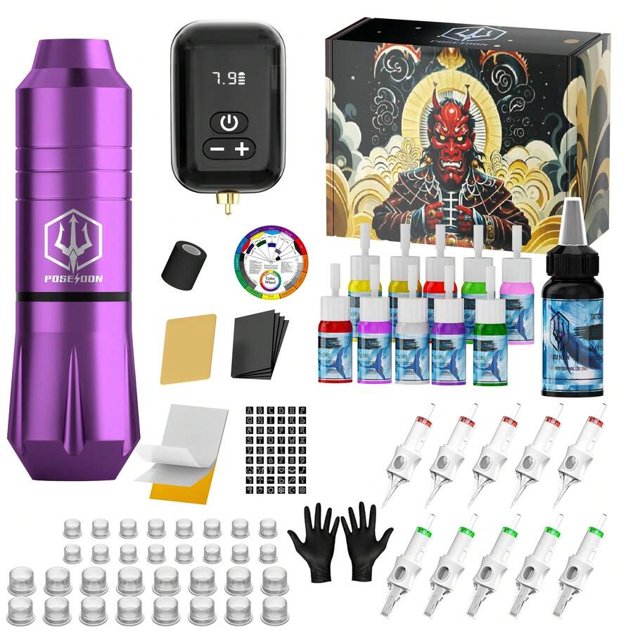 Poseidon Wireless Tattoo Machine Kit, Includes 2 Batteries, 10 Tattoo Needles And 11 Tattoo Inks, Complete Tattoo Supplies For Beginners - Purple - View 1
