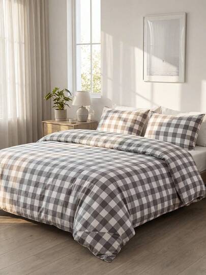 3pcs Gray Plaid Minimalist Student Style Super Soft All Season Solid Color Duvet Cover & Pillowcase Set, Bedding Set, Soft & Skin-Friendly Duvet Cover & Pillowcase Set, Suitable For Twin, Full, Queen, King Bed, Home Decor Gift, Machine Washable Minimalist Student Style Duvet Cover, Size: Twin, Full, Queen, King