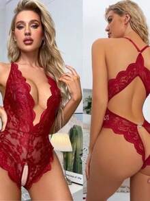 Bory Body rendado Presente Lingerie Sexy abertura e pingente traseiro coração sensual lingerie lançamento presentinho - Vermelho - Visão 1