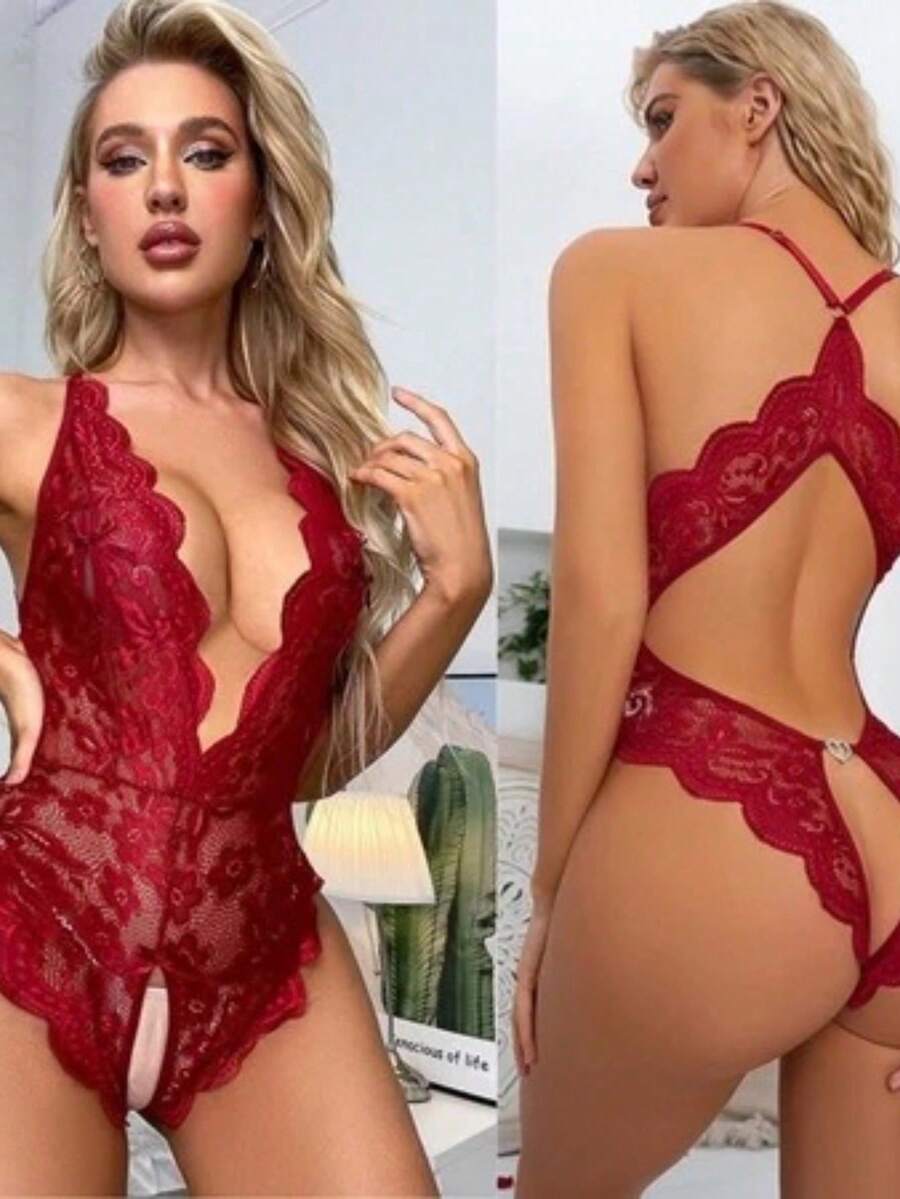 Bory Body rendado Presente Lingerie Sexy abertura e pingente traseiro coração sensual lingerie lançamento presentinho - Vermelho - Visão 1