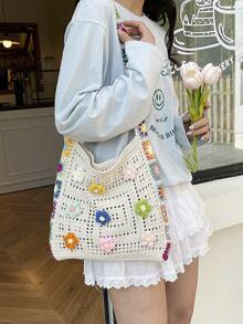 Korean Loose Knit Tote Bag, Casual Minimalist Versatile Shoulder Bag, New Summer Fashion - Beige - View 3