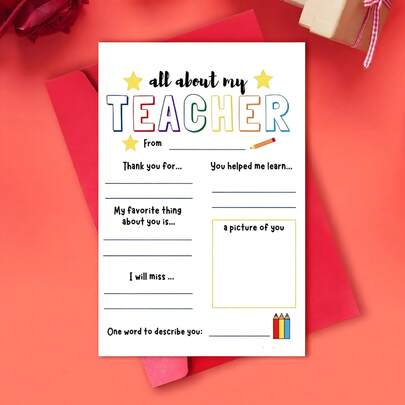1pc DIY Teacher Appreciation Greeting Card - Heartfelt Thank You Card For Teachers - All About My Teacher Card - Perfect For Graduation, Back To School, Teacher'S Day, Thansgiving Day, Teacher Appreciation Week Gift