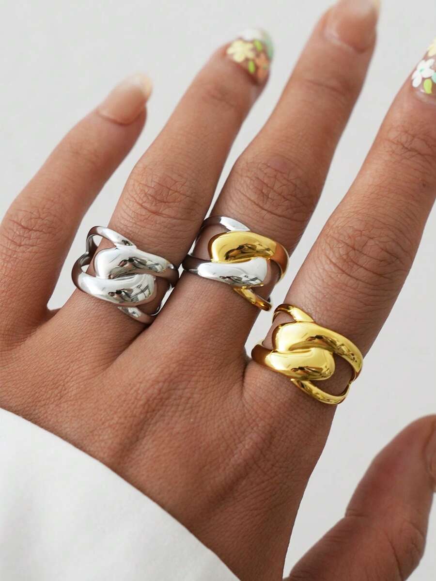 Frminee 3pcs/1pc Women's Geometric Charm 18k Gold Plated Stainless Steel Ring, Jewelry Women, Stainless Steel Jewelry, Accessories For Women, For Daily Wear - Multicolor 2 - View 1