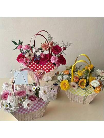 4 piezas Cajas de flores tejidas de bambú de imitación, cajas de embalaje de flores, cestas colgantes de flores, bolsas de flores para días festivos, bolsas para arreglos florales, cajas de regalo para el Día de la Madre, cestas de regalo de flores elegantes y portátiles, set de bolsas de regalo florales DIY, adecuado para fiestas de té de la tarde, bodas