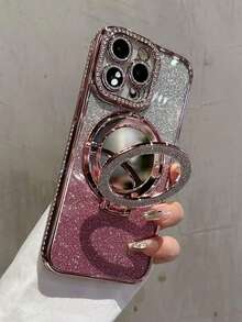 Luxury Electroplated Rhinestone Glitter Makeup Mirror Phone Case, Compatible With IPhone 17, 16, 15, 14, 13, 12 Pro Max, 14, 15 Plus, 11 - Pink - View 3