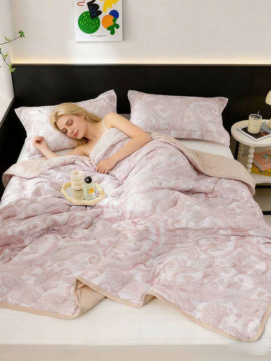 1 pieza Edredón de verano suave lavado, tela amigable con la piel, diseño de relleno AB completo, impresión resistente al color, sensación sedosa y suave, transpirable y duradero, manta de verano ligera, edredón estampado de moda, adecuado para decoración del dormitorio del hogar, suministros de boda, regalos del Día de San Valentín, Pascua, Día de la Madre, para todas las estaciones - Púrpura malva - Ver 1