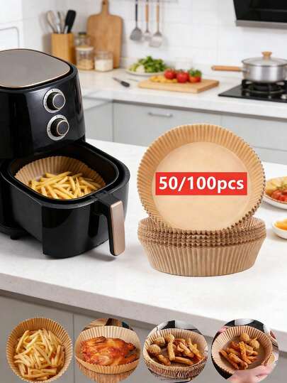 50/100 Piezas Papel de hornear para freidora de aire de gran capacidad y multiusos, hecho de pulpa de madera virgen kraft, inodoro para contacto directo con alimentos, altamente resistente al calor para freidora de aire, horno, microondas, olla a presión
