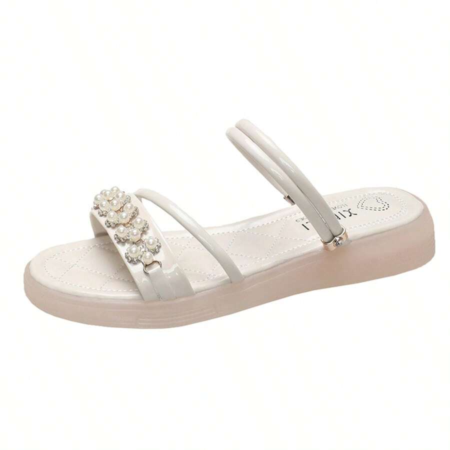 Chanclas de mujer con tiras finas, perlas, puntera redonda y suela gruesa para el verano - Beis - Ver 1