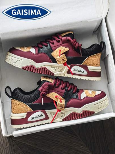 GAISIMA Giày thể thao đế dày phối màu đỏ rượu vang và đen, kiểu dáng retro năng động dành cho nam, phù hợp cho những ngày cuối tuần xuân/hè và phong cách đường phố.