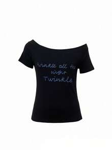 Women's Off Shoulder Short Sleeve T-Shirt With Letter Print, Summer - Black - View 6