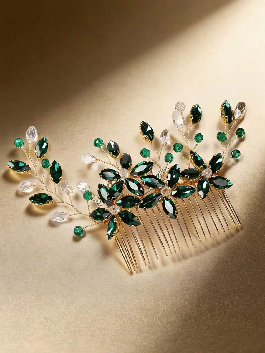 1pc Women's Luxury Crystal Rhinestone Decorative Hair Comb, Bridal Updo Hair Accessory,Summer,Holiday,Travel,Festival,Birthday - 63296 Green - View 1