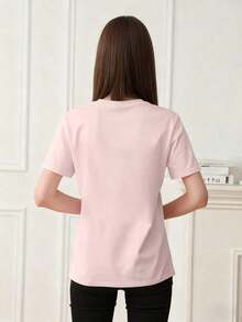 Summer TopsWomen's Summer New Simple Slogan Print Casual Vacation Style Loose Fit Round Neck Short Sleeve T-Shirt, Fashionable Everyday Top, Suitable - 淺粉色 - 查看 5