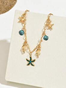 1pc Fashionable ZA Pendant Necklace, Retro Boho Beach Style With Starfish, Shell, Turtle & Multi-Pendant Design, Layered Choker Necklace, Party/Holiday Gift, Versatile Accessory - Blue - View 3