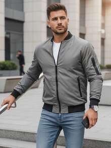 男士拉鍊飛行員夾克、男士袖口和下擺飛行員夾克、男士側袋和帶拉鍊袖袋飛行員夾克、男士短款無帽飛行員夾克 - 灰色 - 查看 2