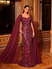 UNITHORSE [Random Print] Women's Sweetheart Neck Fitted Sequin Long Sleeve Evening Gown - Burgundy - View 3