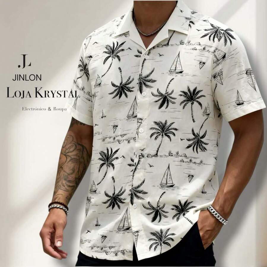 JL Men's Hawaiian Floral Beach Shirt, Short Sleeve, Button-Down, Spring And Summer - Floral 29-Bege - 查看 1