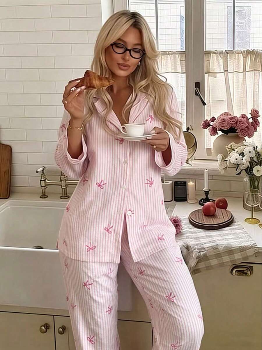 Nina Bonheur 两件套女士宽松舒适透气长袖上衣和长裤睡衣套装，可爱家居服