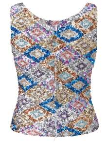 Women Y2K Sequin Tank Tops Contrast Sparkly V Neck Sleeveless Slim Vest Going Out Cami Top Stylish Summer Streetwear Club Party Night Out - Bạc - Xem 8
