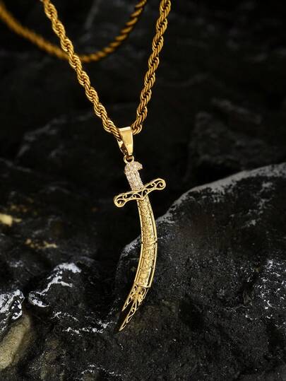 1pc Men's 18K Gold Plated Stainless Steel Vintage Zulfiqar Sword Necklace, Islamic Faith Accessory With Arabic Calligraphy, Suitable For Muslim And Street Hip-Hop Outfits