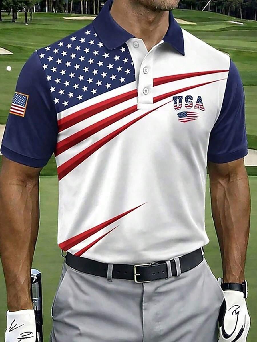Men's USA American Flag Print Polo Shirt Diagonal Color Block Casual Sports Short Sleeve - Multicolor - View 1