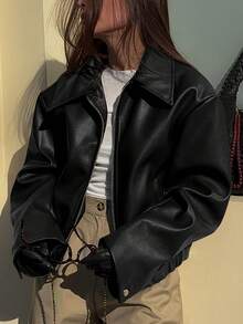 A Loose-Fitting Black Leather Women's Jacket, Resembling A Motorcycle Jacket In Shape And With A Longer Design. It Is Suitable For Women To Wear And Is Very Suitable For Matching In Spring And Summer Seasons. - Black - View 2