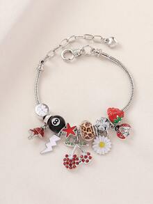 1pc Y2K Elegant Fashion Sweet Cute Rhinestone Fruit Cherry, Daisy, Lightning, Billiard Ball 8, Four-Leaf Clover, Beetle Pendant Adjustable Detachable Copper Bracelet, Suitable For Women Party, Large Gathering, Prom, Banquet, Perfect Gift For Friends And Family, All Seasons, Photography, Commuting, Daily Wear - Multicolor - View 6