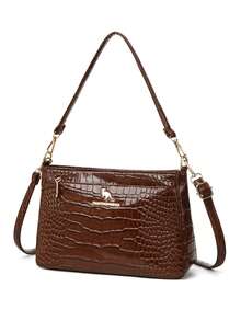 New Crocodile Embossed PU Leather Crossbody Bag For Women, Shoulder Bag Or Handbag, Glossy Classic Casual Commuter Bag - Coffee - View 5
