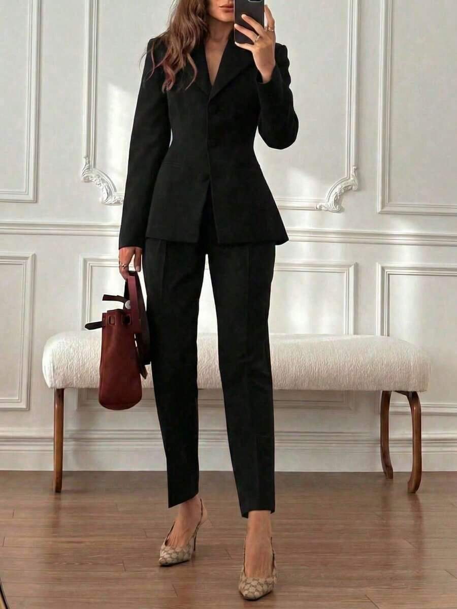 [Spring/Summer Style] Best-Selling New Arrivals 2pcs/Set Elegant Basic + Ankle-Length Pants, Suitable Business, Commute And Daily Wear Black Spring - 酒紅色 - 查看 1
