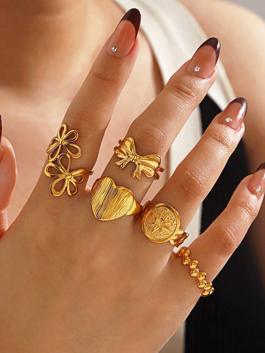 5件套18K镀金不锈钢简约优雅几何心形花朵蝴蝶结戒指套装，适合女性日常、假日、办公、约会等各种场合佩戴，简约时尚的珠宝礼品。 - 彩色 - 查看 1