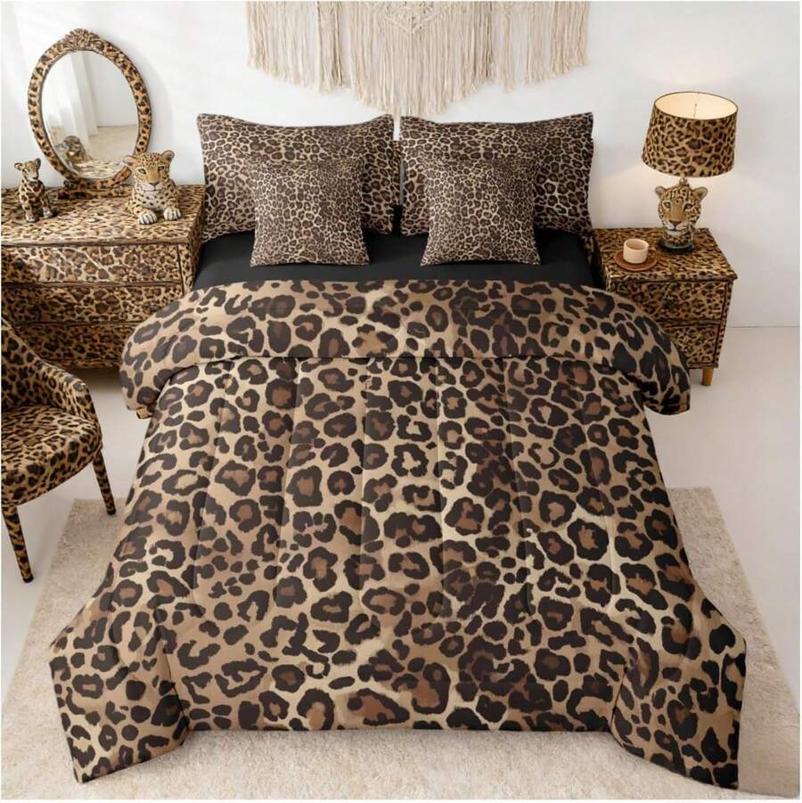 Erosebridal Leopard Print 7 Piece Bedding Set Cheetah Decor Comforter Set With Sheets Geometric Modern Bed In A Bag Animal Bed Sets With 2 Pillowcases, 2 Throw Pillow Covers For Women Men Room Decor, For Birthday Present - 棕色 - 查看 1