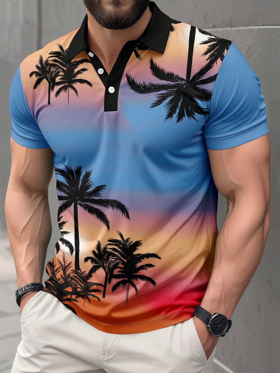 男士夏季棕榈树数码印花短袖Polo衫 - 彩色 - 查看 1