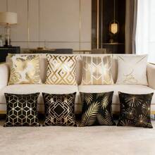 1pc Plush Foil Print Throw Pillow Cover, For Living Room, Sofa, Bedroom - Gold Leaf - View 10