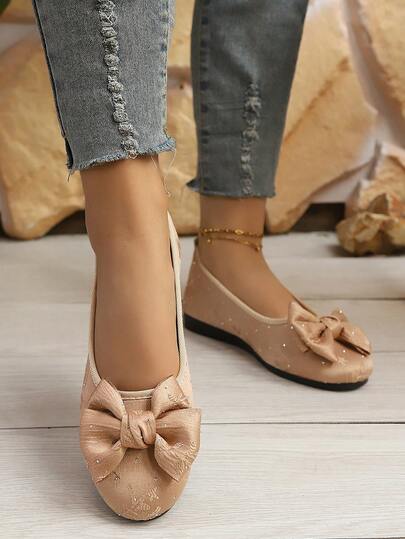 Women's New Rhinestone Bow Tie Shoes, Sweet Round Toe Soft Bottom Comfortable Loafers, Fashion Casual Slip-On Shoes For Commuting