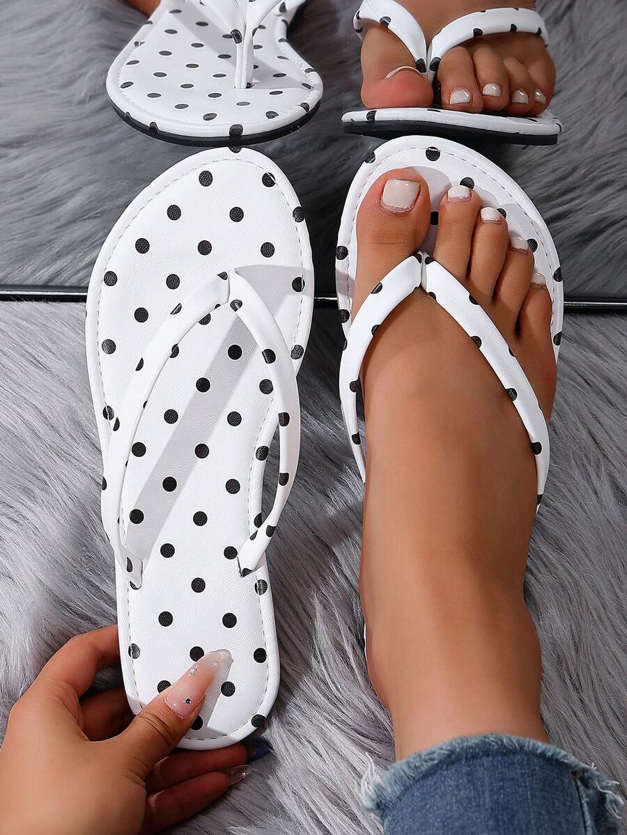 Sandal Jepit Datar Putih Ujung Bulat Motif Polkadot, Sandal Jepit Serbaguna untuk Musim Panas, Berpergian, dan ke Pantai
