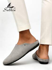 Salkin 新款时尚设计师男士穆勒拖鞋，透气柔软的套脚乐福鞋，优雅绅士拖鞋，带足弓支撑的男士家居鞋，柔软皮革，防滑橡胶鞋底，适合室内/室外办公休闲穿着，舒适凉鞋，父亲节/丈夫节/男友节的理想礼物，建议选大一码。 - 灰色 - 查看 10