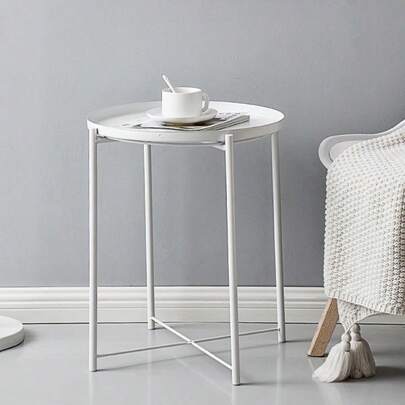 47cm Diameter Nordic Style Metal Iron Round Tray Side Table, Waterproof Detachable Folding Round Decorative Table Suitable For Living Room, Bedroom, Outdoor Garden, Coffee Table